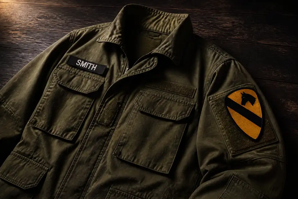 Olive military field jacket with hook-and-loop patch panels on weathered wood